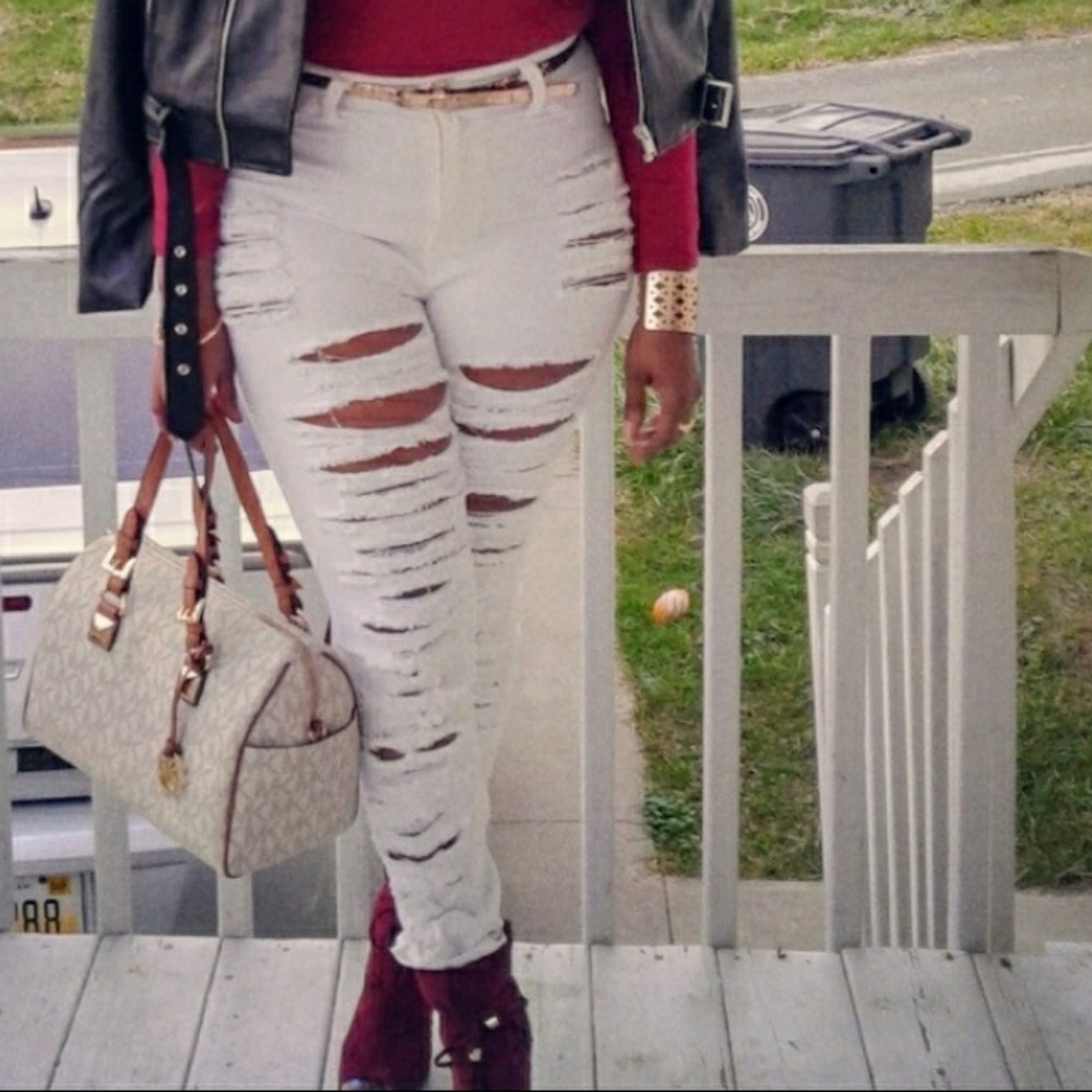 GJG DENIM High Waisted Destroyed White Denim Jeans
